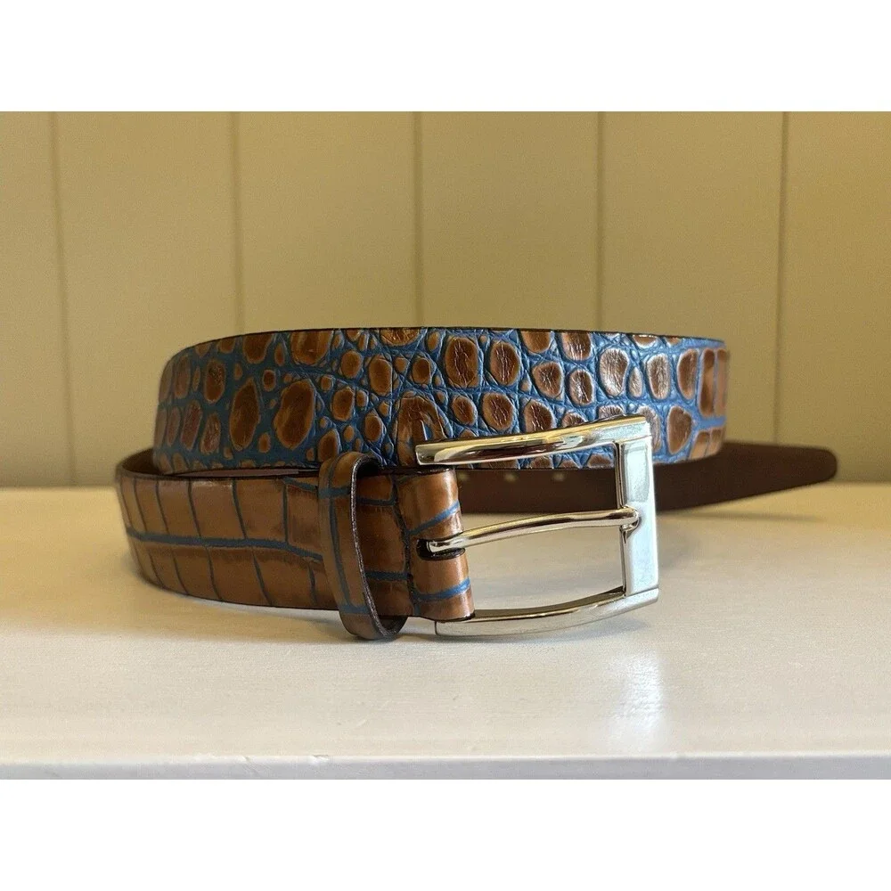 Torino Leather Tan Blue Italian Croc Embossed Belt Men’s 36 Luxury USA